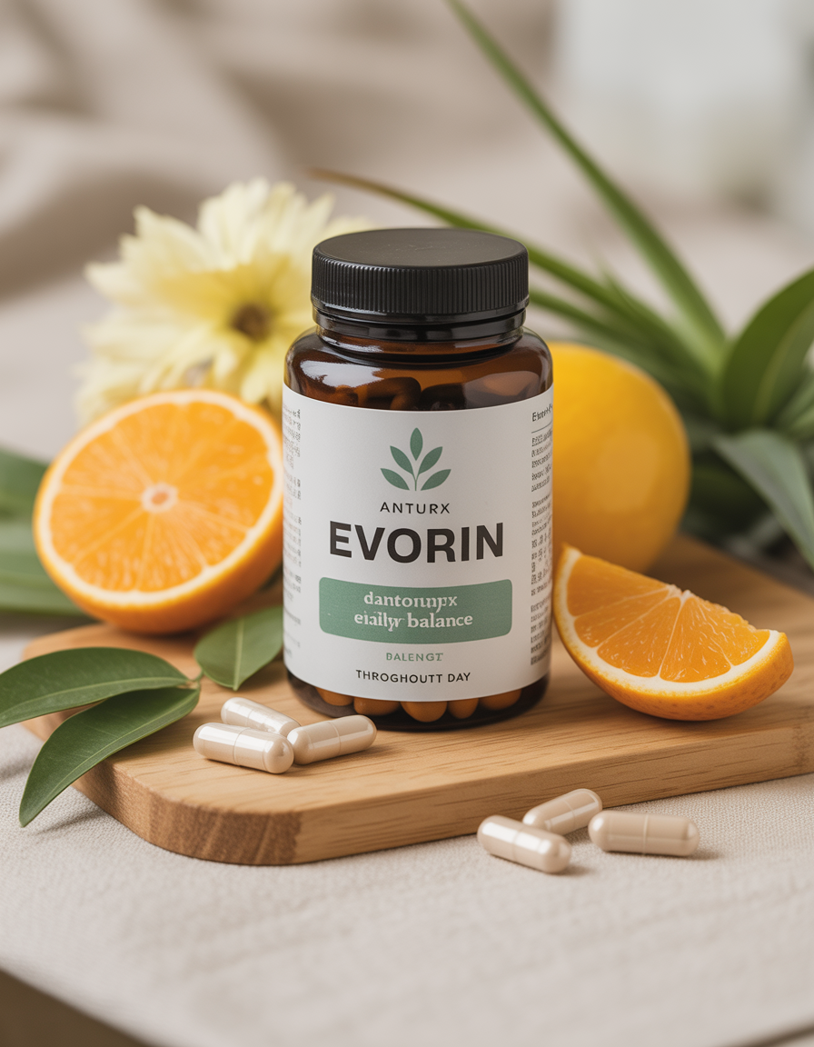 Evorin natural supplement bottle with daily energy and balance formula